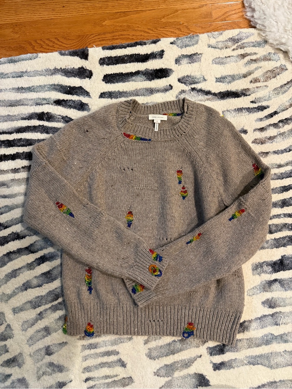 Marc Jacobs Taupe Crewneck Sweater with Rainbow Embroidered Accents